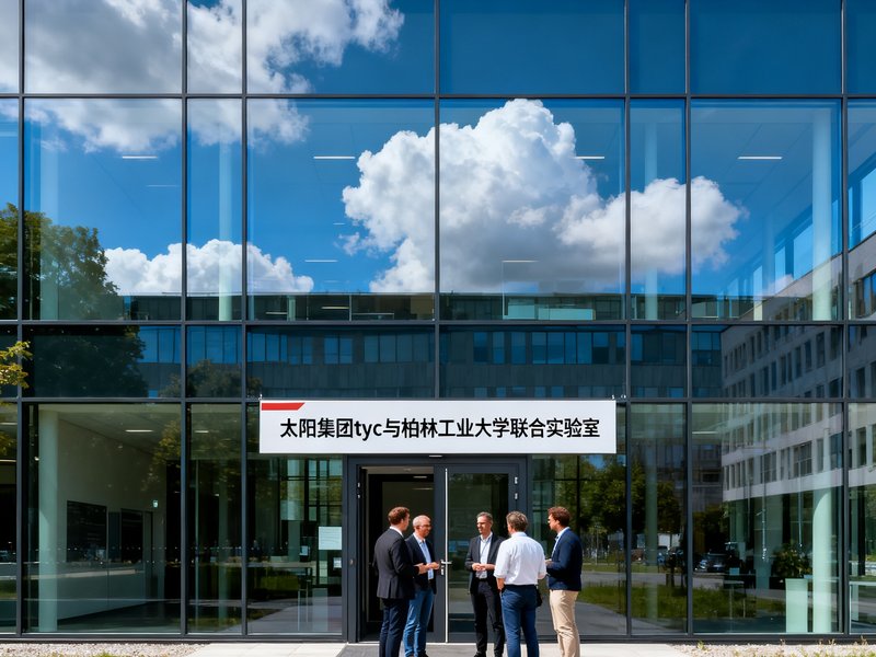 德国柏林一座现代科研建筑的外观照片，玻璃幕墙映照着蓝天白云，入口处悬挂着太阳集团tyc与柏林工业大学联合实验室的标识牌，几位科研人员正在门前交谈