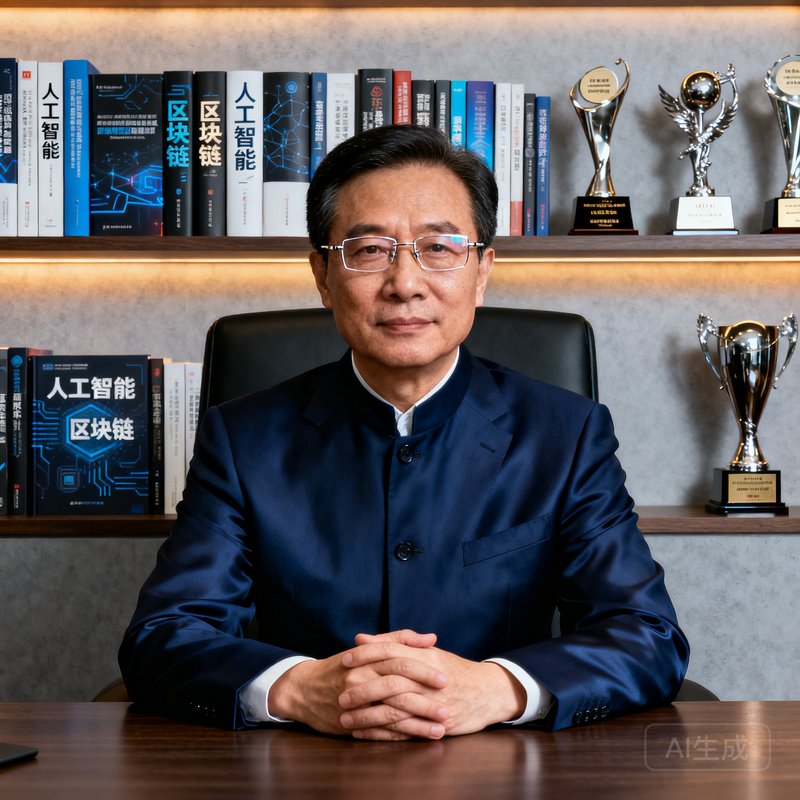 一位约五十五岁的中国男性高管正式肖像，他戴着一副无框眼镜，穿着深蓝色定制西装，双手交叉放在办公桌上，表情沉稳自信，身后书架摆满了科技类书籍和几座奖杯