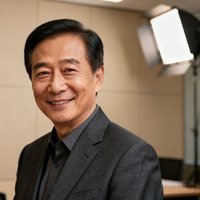 一位约五十岁的中国男性企业家半身肖像照，他穿着深灰色西装，面带微笑，背景是简洁的米色办公室墙面，光线柔和自然